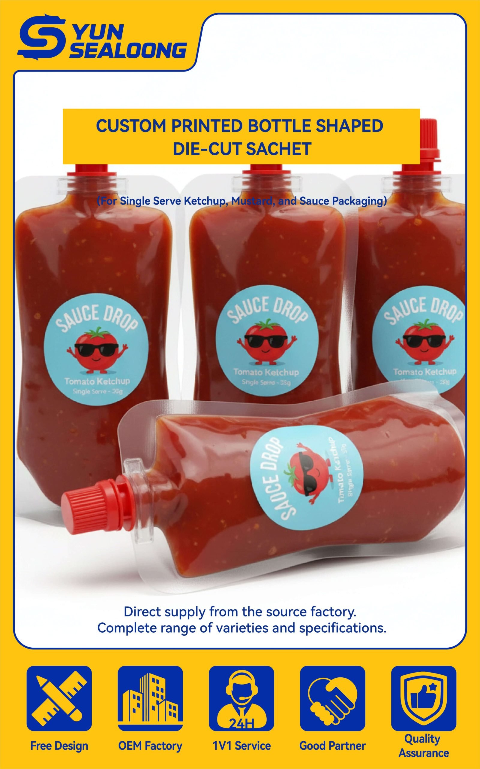 A red **bottle shaped sachet** designed for single-serve ketchup packaging, featuring a tear notch.