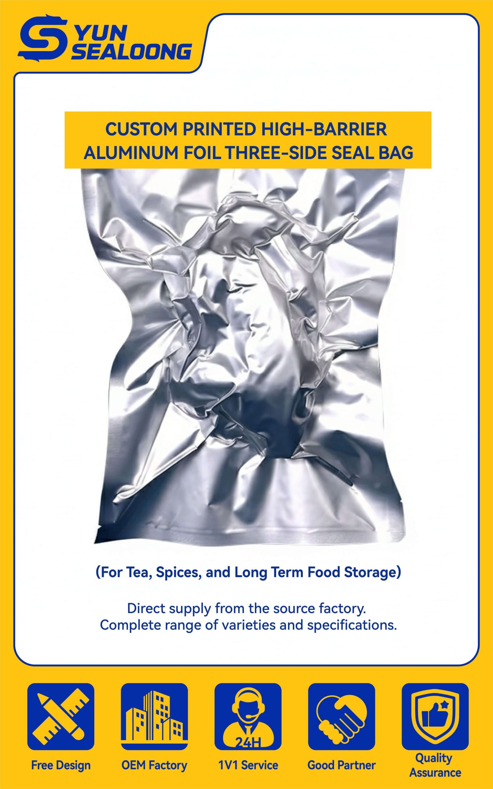 A silver **aluminum foil vacuum bag** with a 3-side seal and zipper, standing next to loose leaf tea.