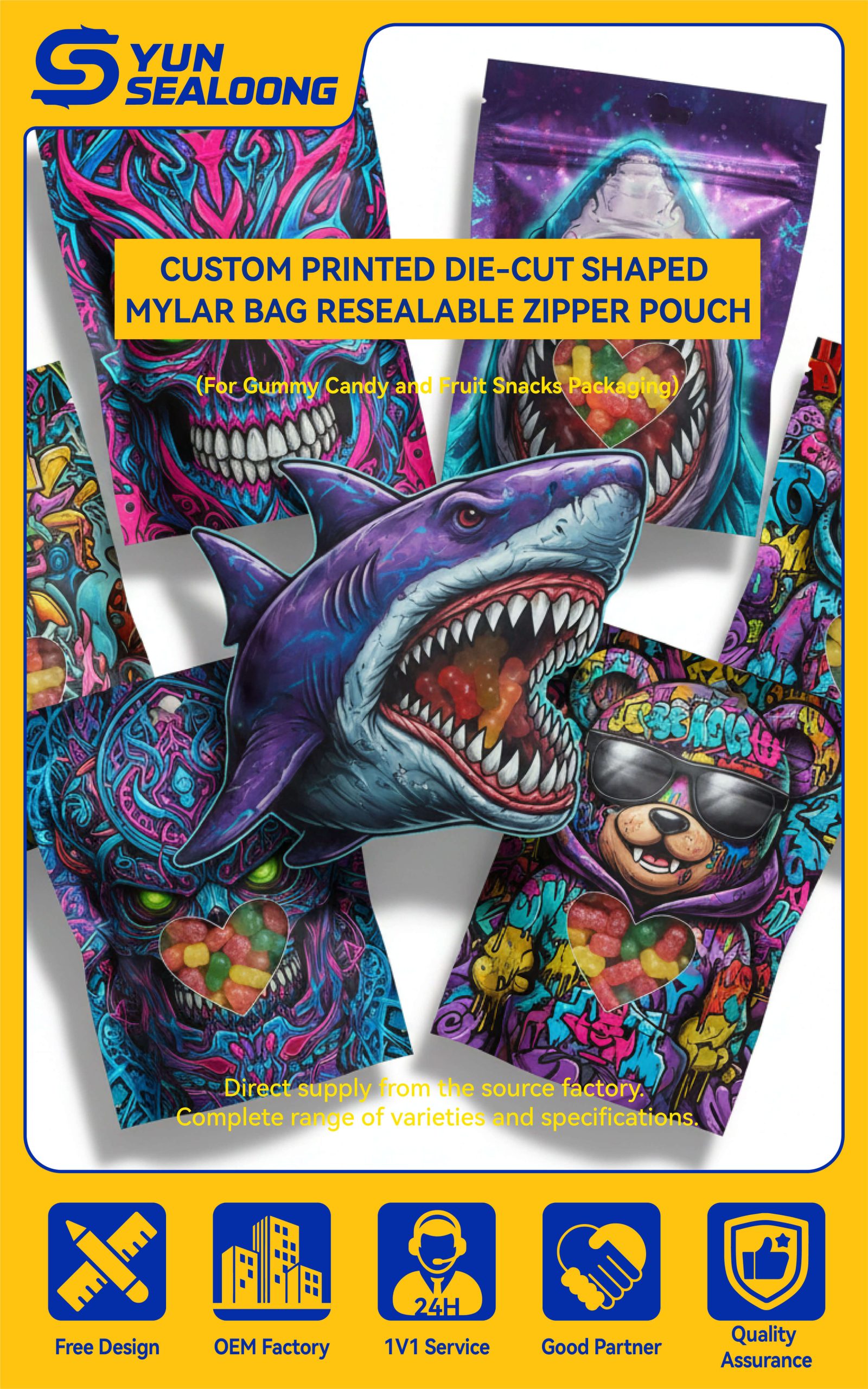 A cute cartoon bear **die cut shaped pouch** with a zipper, filled with colorful gummy candies.