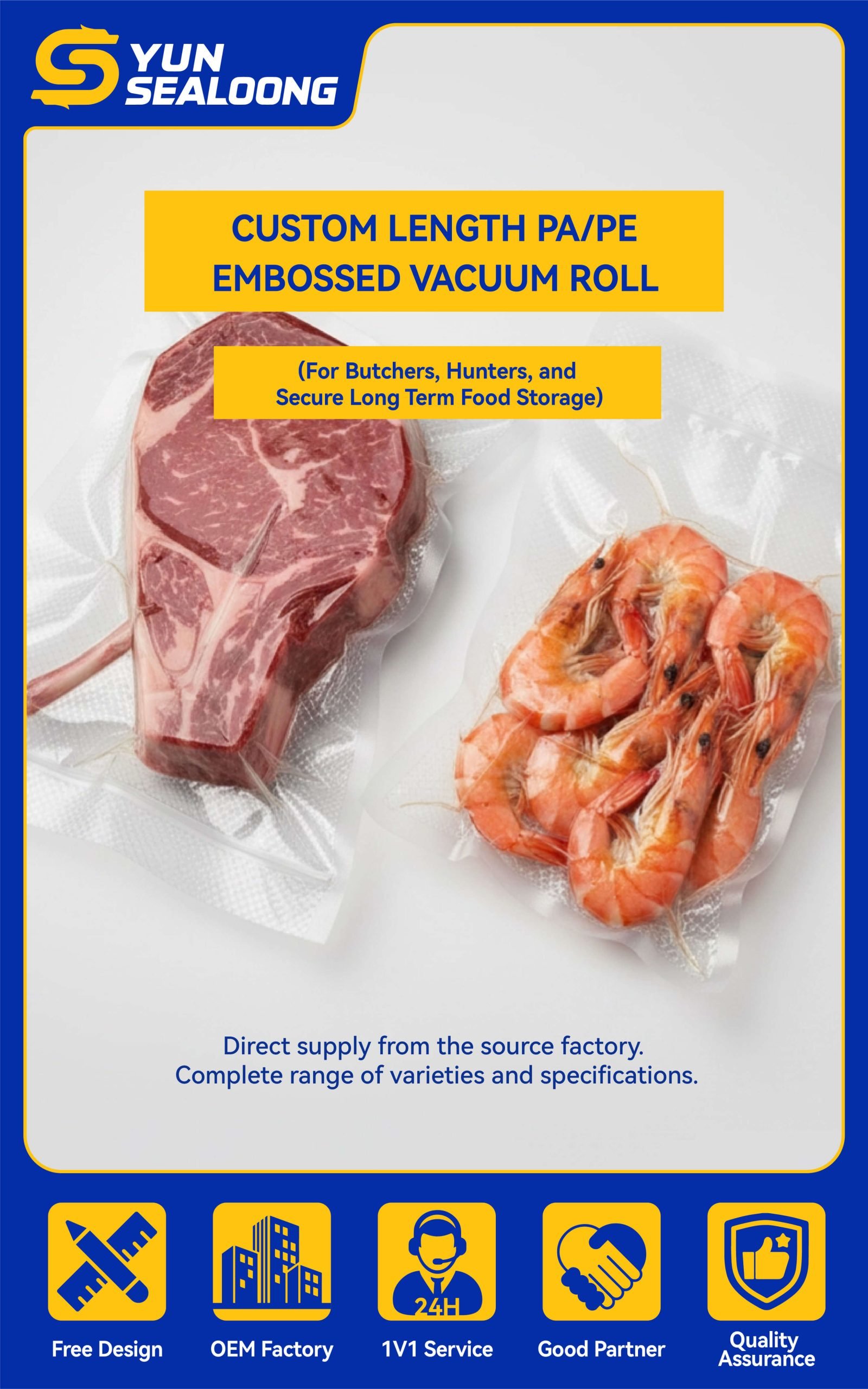 A roll of **heavy duty vacuum roll** film next to a sealed bag with a bone-in T-bone steak, showing its 5 mil puncture-resistant quality.