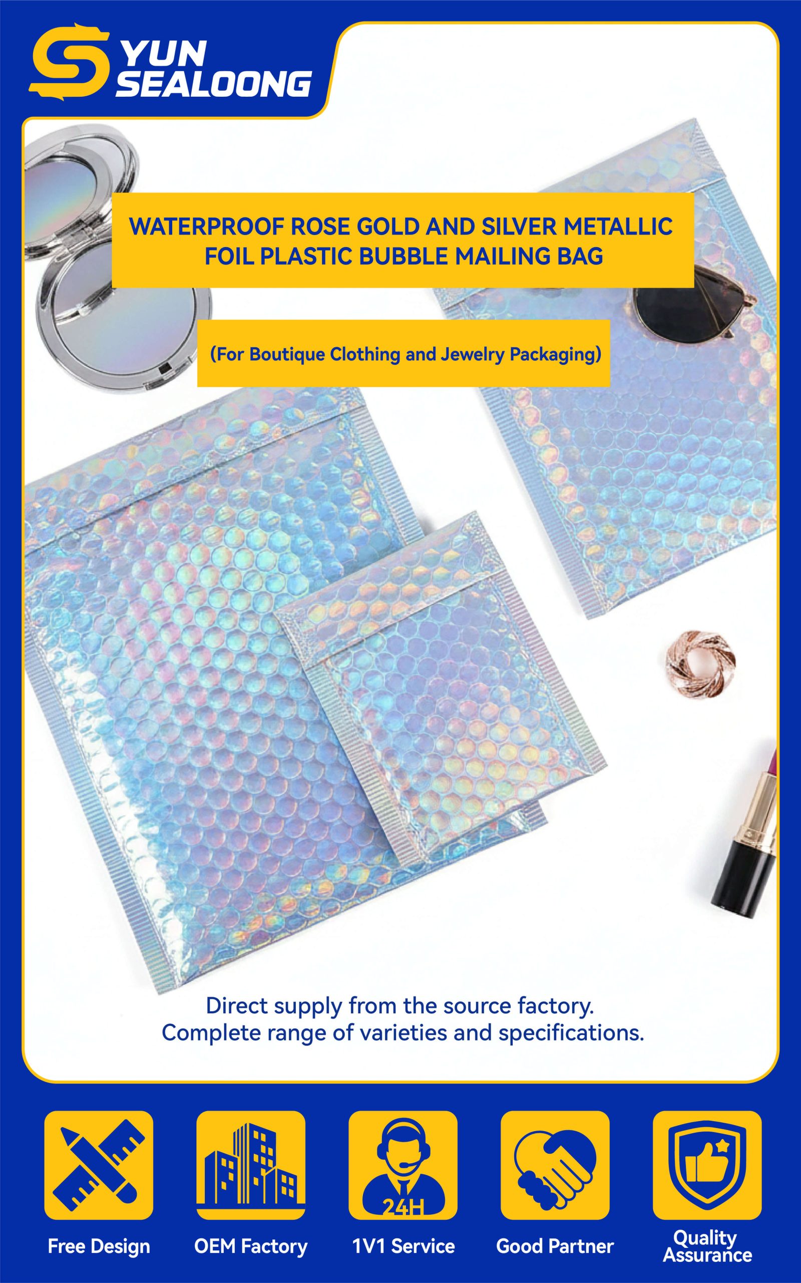 A shiny silver **holographic bubble mailer** reflecting rainbow colors, used for packaging cosmetics and fashion items.