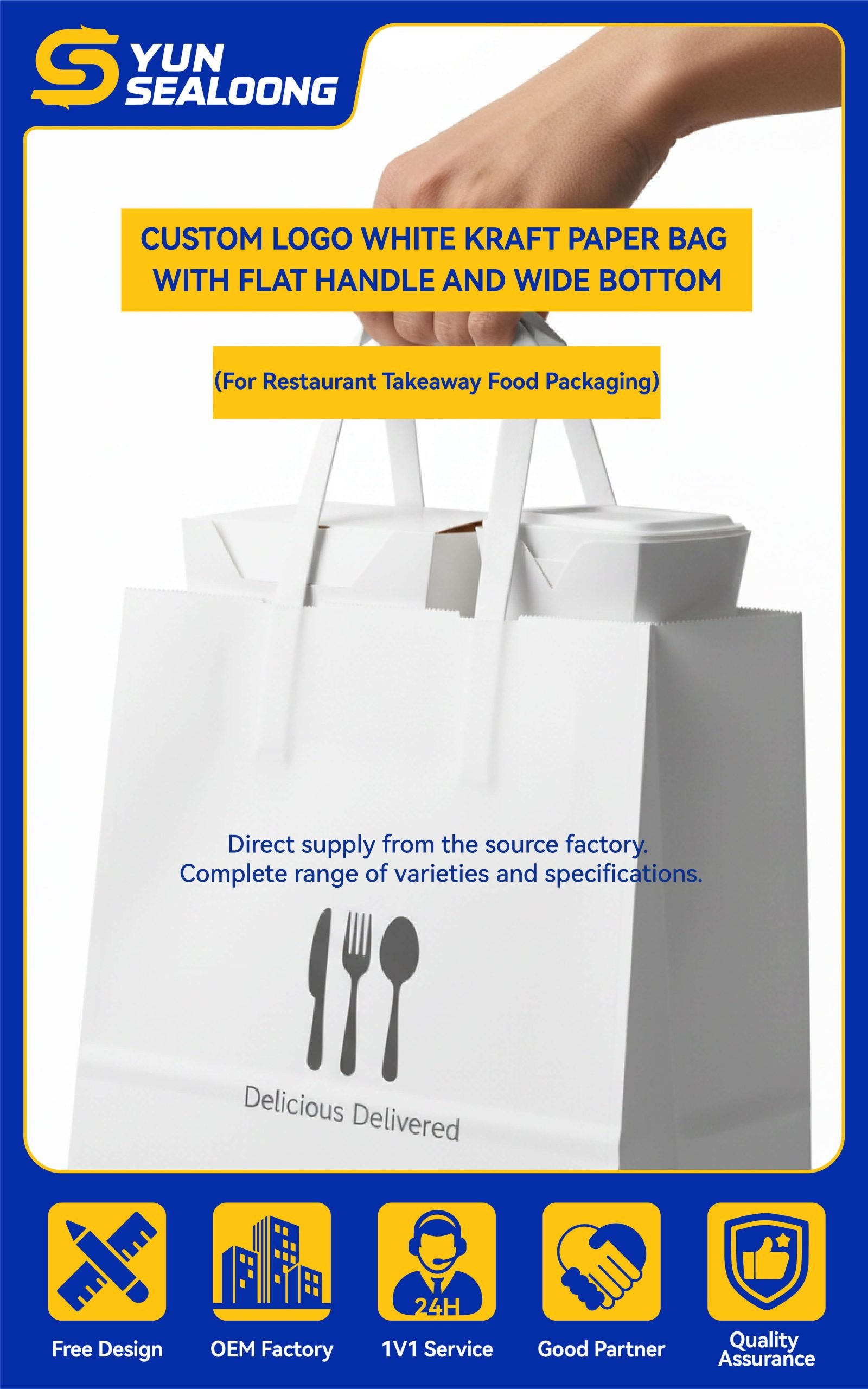 A stack of custom printed **white kraft paper bag**s with flat handles, filled with food containers.