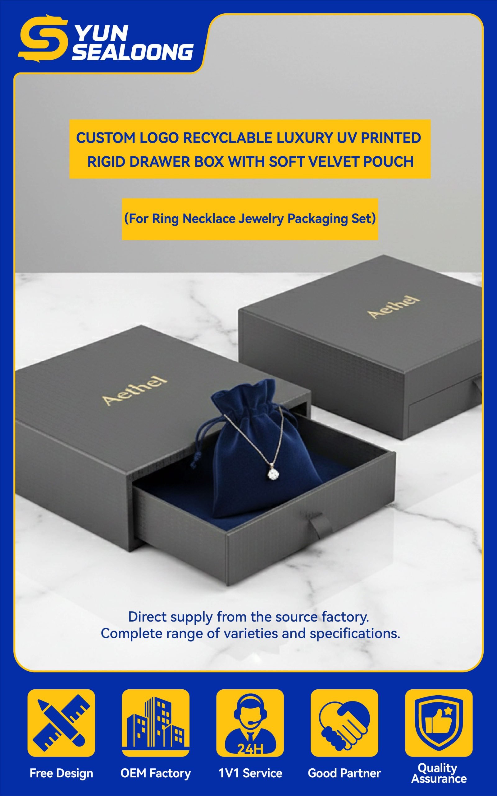 A custom printed rigid **jewelry drawer box** sliding open to reveal a soft velvet pouch inside for ring packaging.