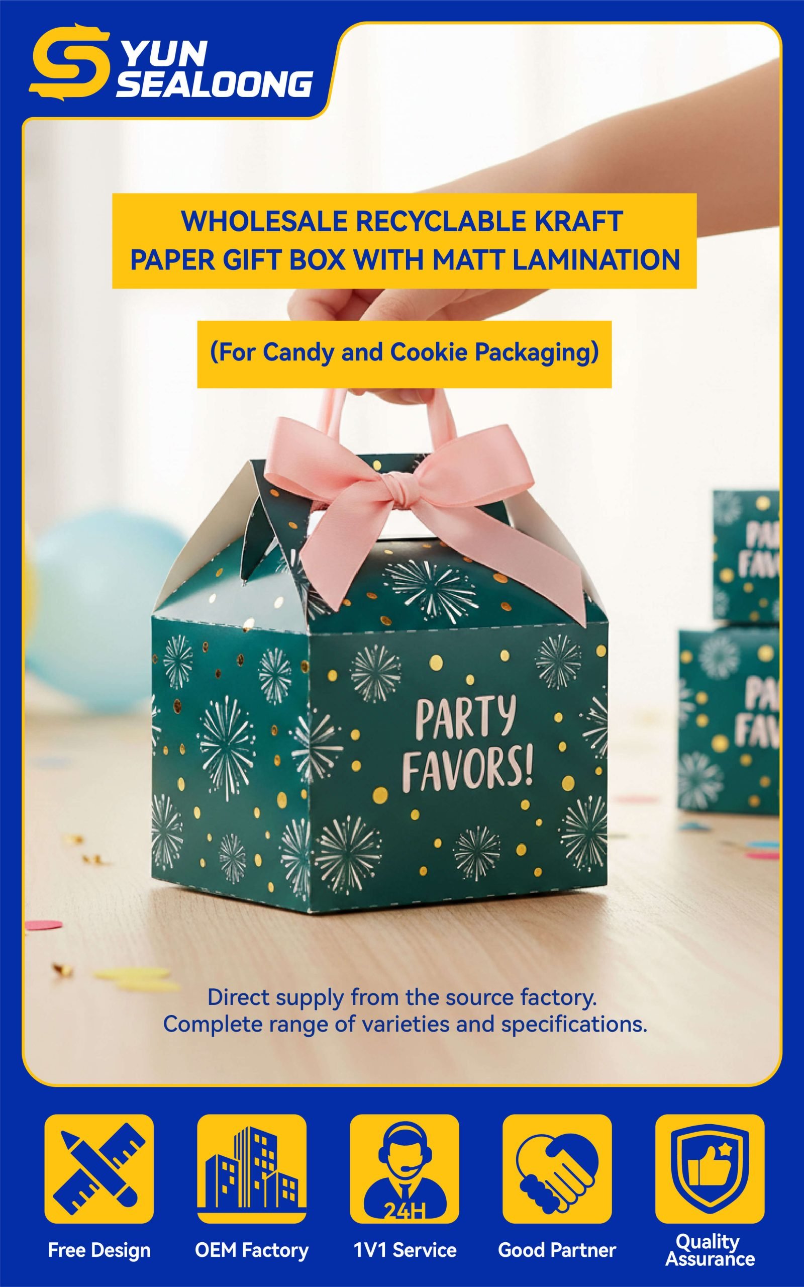 A colorful custom printed cardboard **gable box** with a handle, used as a party favor box.