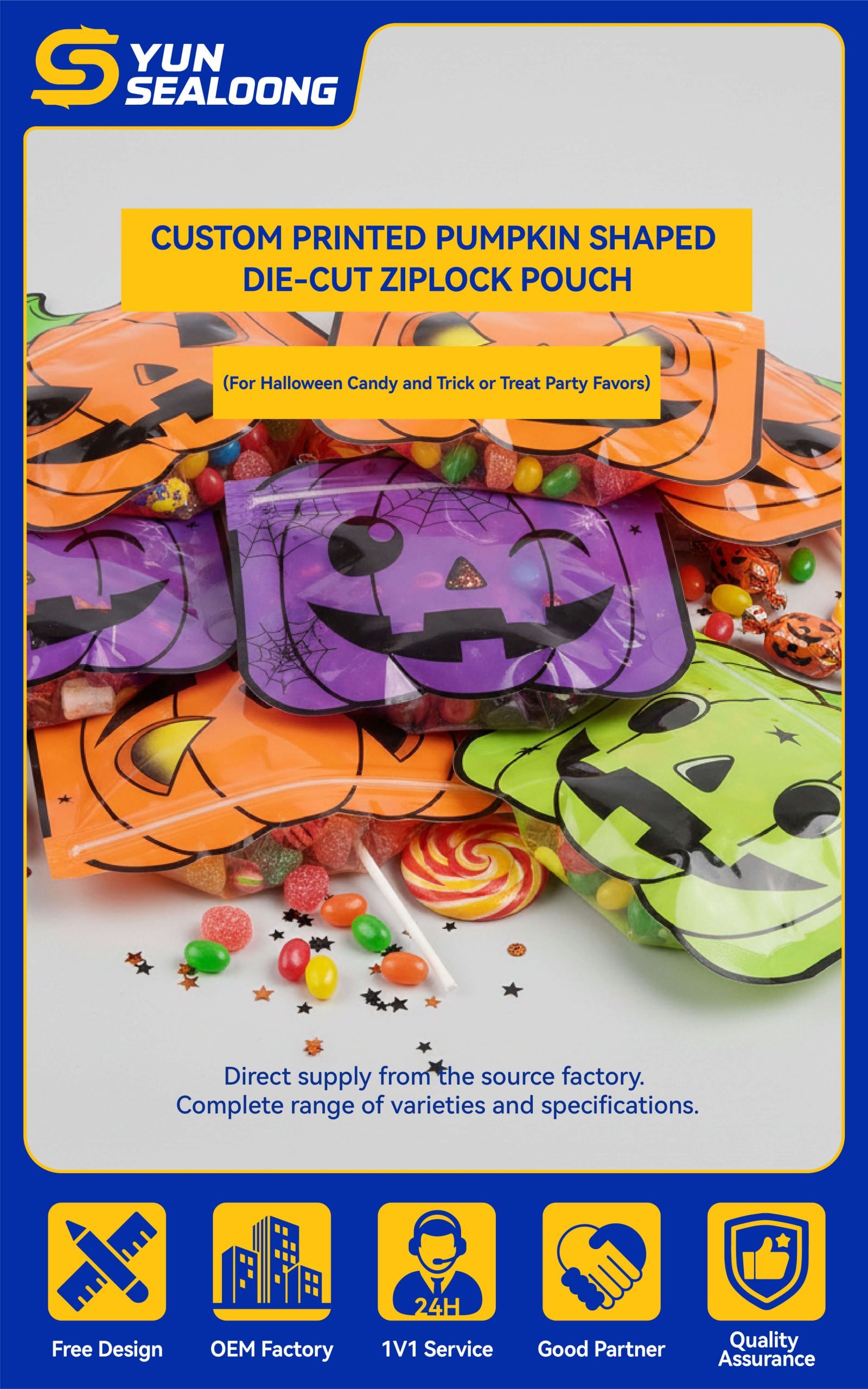 A festive orange **pumpkin shaped pouch** filled with Halloween gummy candies and sealed with a zipper.