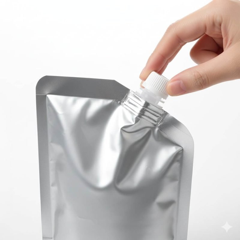 A silver aluminum foil **retort spout pouch** with a safety cap, designed for packaging baby food puree.