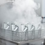 A silver aluminum foil **retort spout pouch** with a safety cap, designed for packaging baby food puree.