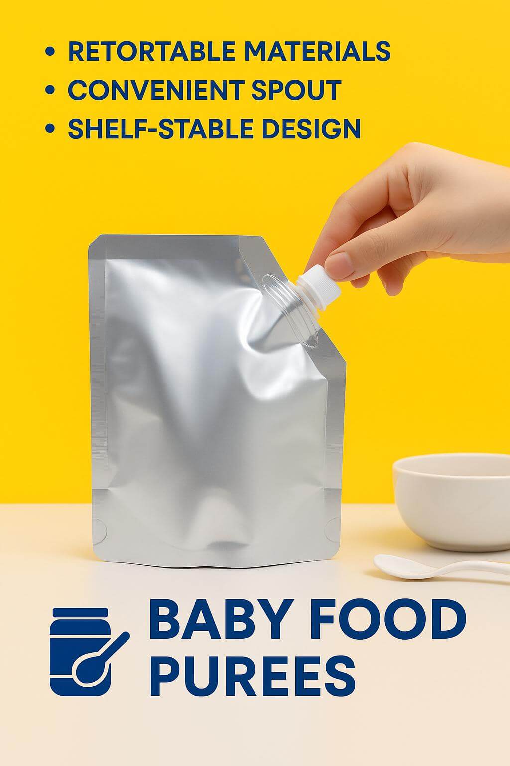 A silver aluminum foil **retort spout pouch** with a safety cap, designed for packaging baby food puree.
