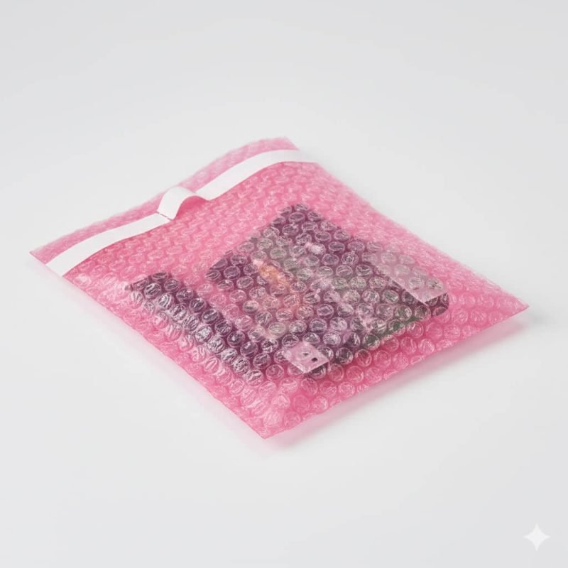 A pink **anti static bubble bag** containing a computer circuit board, sealed with an adhesive strip.