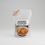 A stand-up **microwavable retort pouch** with self-venting technology, shown next to a bowl of steaming ready-to-eat rice.