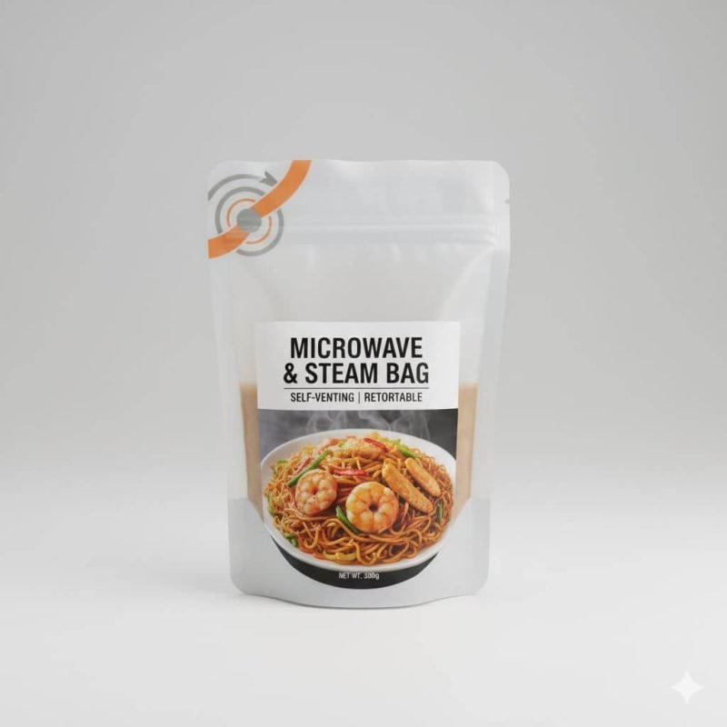 A stand-up **microwavable retort pouch** with self-venting technology, shown next to a bowl of steaming ready-to-eat rice.