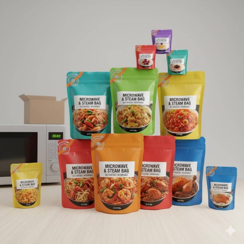A stand-up **microwavable retort pouch** with self-venting technology, shown next to a bowl of steaming ready-to-eat rice.