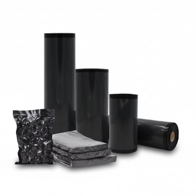 A premium **black vacuum sealer bags** pouch containing a fresh steak, showing the high-contrast black back and clear front.