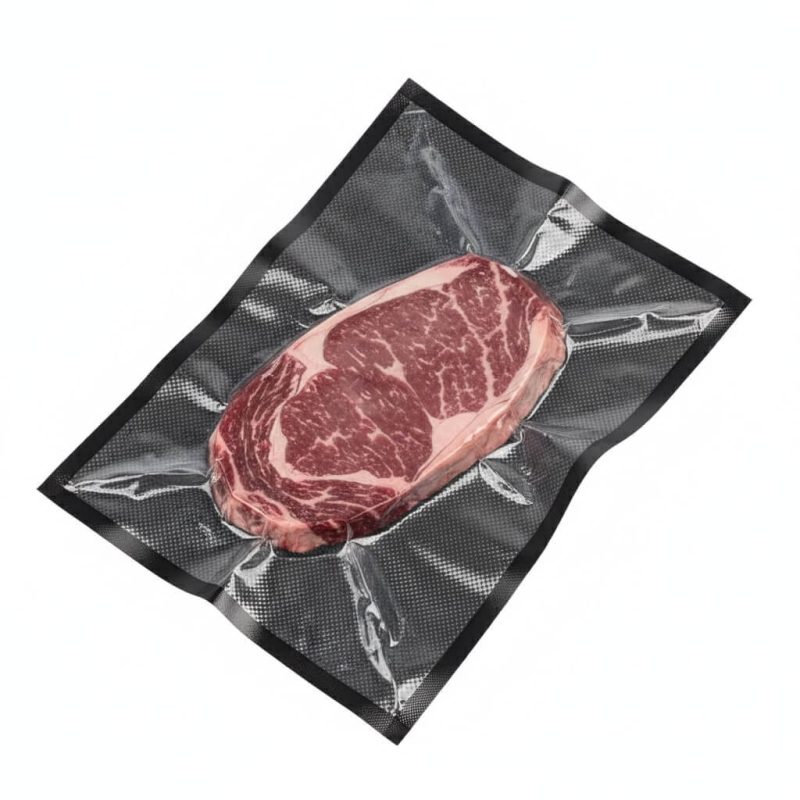A premium **black vacuum sealer bags** pouch containing a fresh steak, showing the high-contrast black back and clear front.