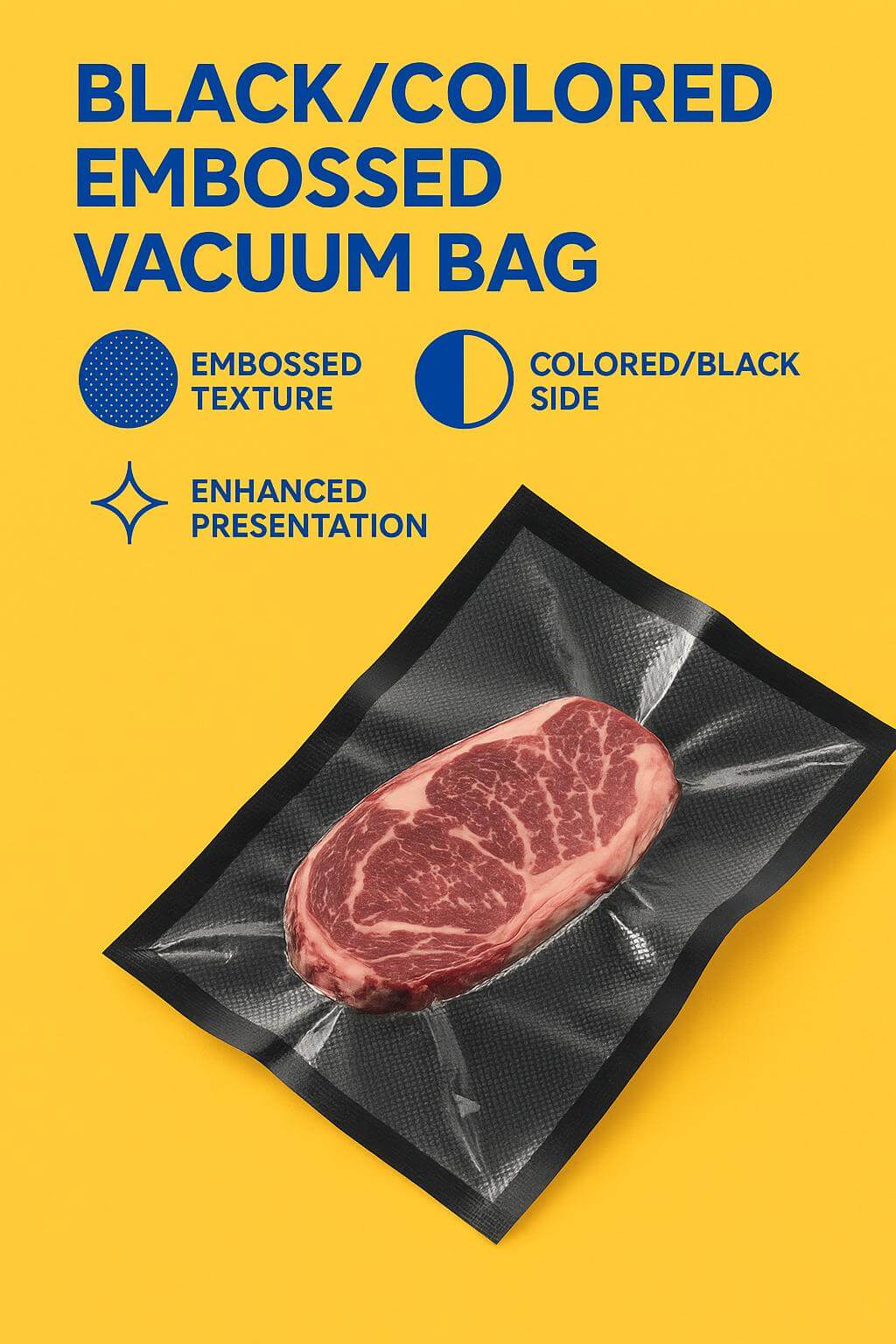 A premium **black vacuum sealer bags** pouch containing a fresh steak, showing the high-contrast black back and clear front.