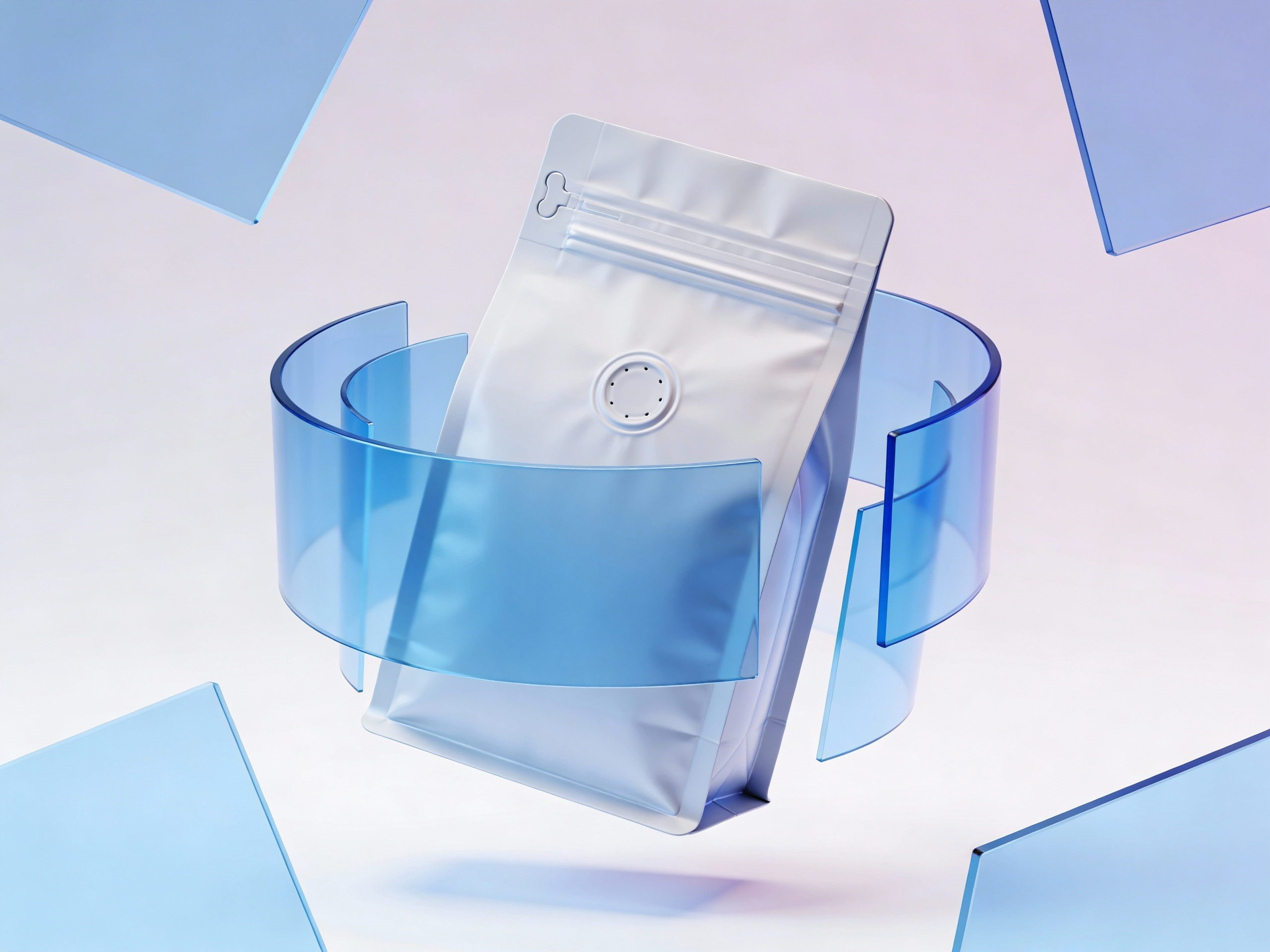 3D render of a 4 side seal bag with degassing valve for high-value products
