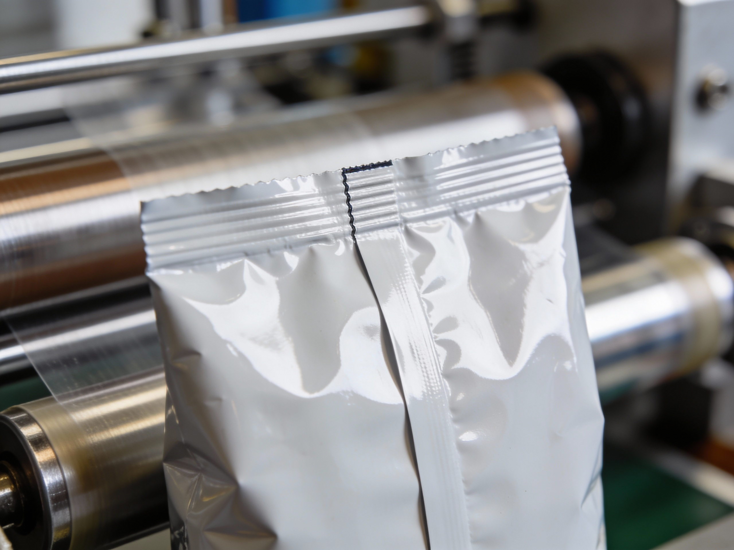 Macro shot of a fin seal pouch showing seal integrity for bulk food packaging
