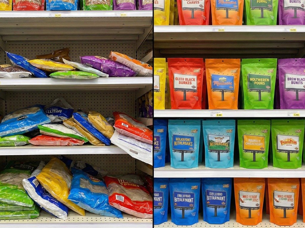 03 How Upgrading to Stand Up Bags Can Steal 30% More Shelf Traffic and Boost Your ROI- IMAGE 4 Comparison of slumped flat packaging versus upright stand up bags on retail shelves, illustrating the superior shelf appeal and visual marketing impact of custom printed stand up pouches.
