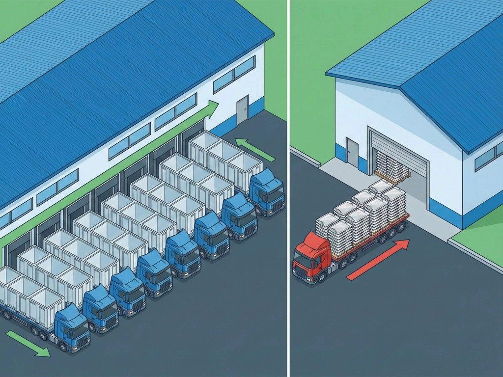 Logistics infographic demonstrating significant packaging ROI and shipping efficiency by transporting compact pallets of wholesale stand up pouches compared to bulky rigid containers, highlighting the logistics advantage of stand up bags.