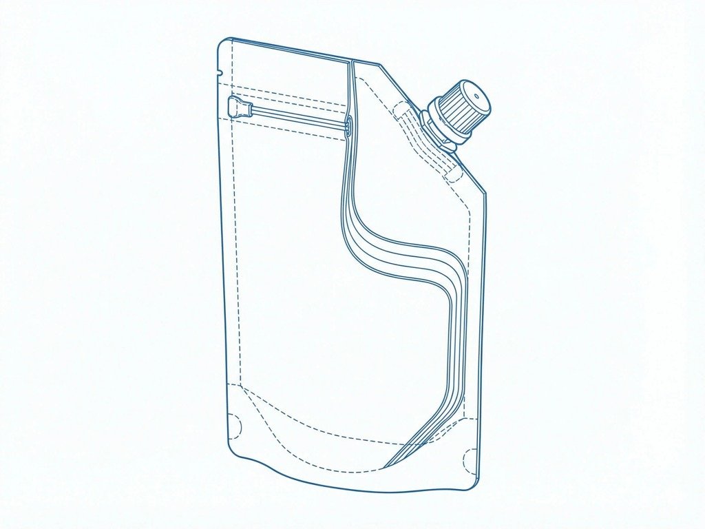 Technical blueprint illustration of engineered doypack packaging, detailing the structure of resealable stand up pouches with zipper and spout features suitable for food packaging pouches or industrial stand up bags.