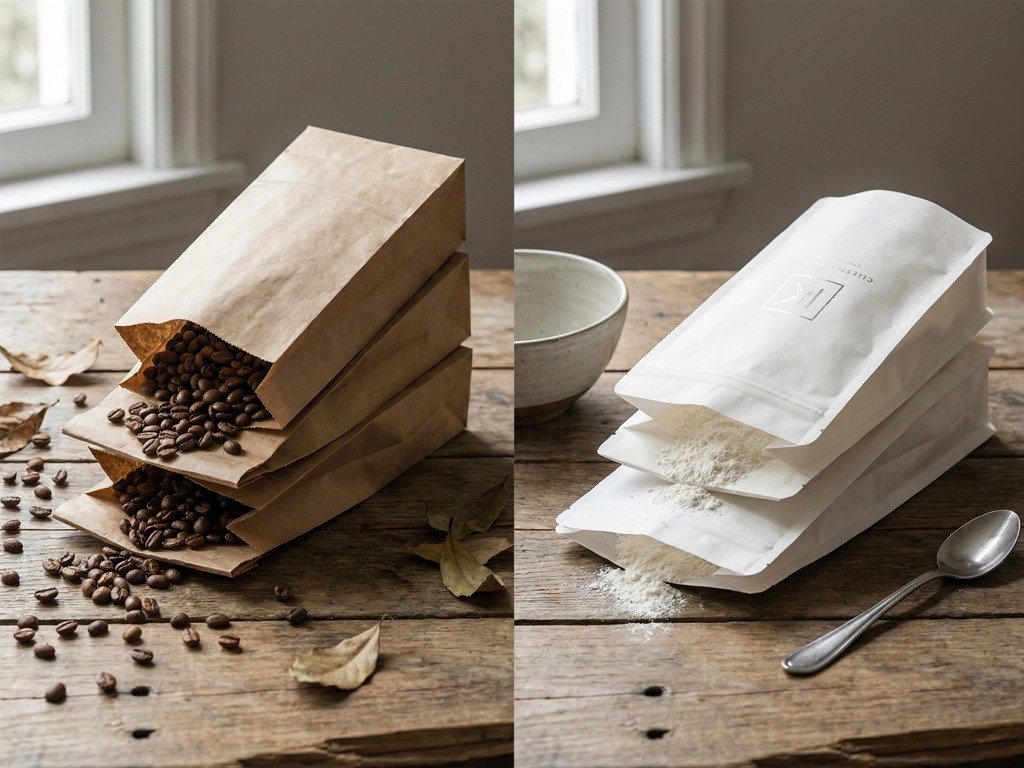 06 Brown vs White Kraft Paper -IMAGE (2) Industrial photography comparison showing unbleached brown kraft paper food packaging bags next to bleached white kraft paper pouches on a wooden table, highlighting the aesthetic and brand positioning differences.