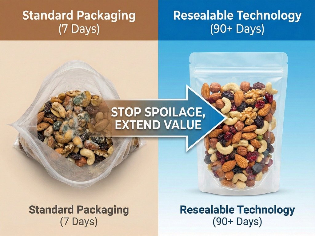 7 Days vs 90 Days Why Resealable Packaging is the Ultimate Investment for Brand Freshness (1) Split-screen comparison visualization with a 4:3 aspect ratio, showing food spoilage after 7 days in standard open bags versus extended 90-day freshness achieved with high-barrier resealable packaging and zipper bags for packaging.