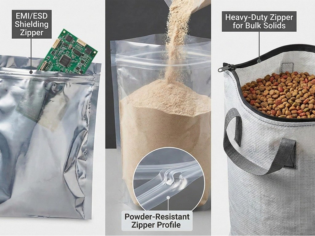 A triptych collage with a 4:3 aspect ratio showing diverse industrial applications of specialized zipper bags for packaging, including anti-static bags for electronics, powder-resistant resealable pouch bags, and heavy-duty bulk packaging.