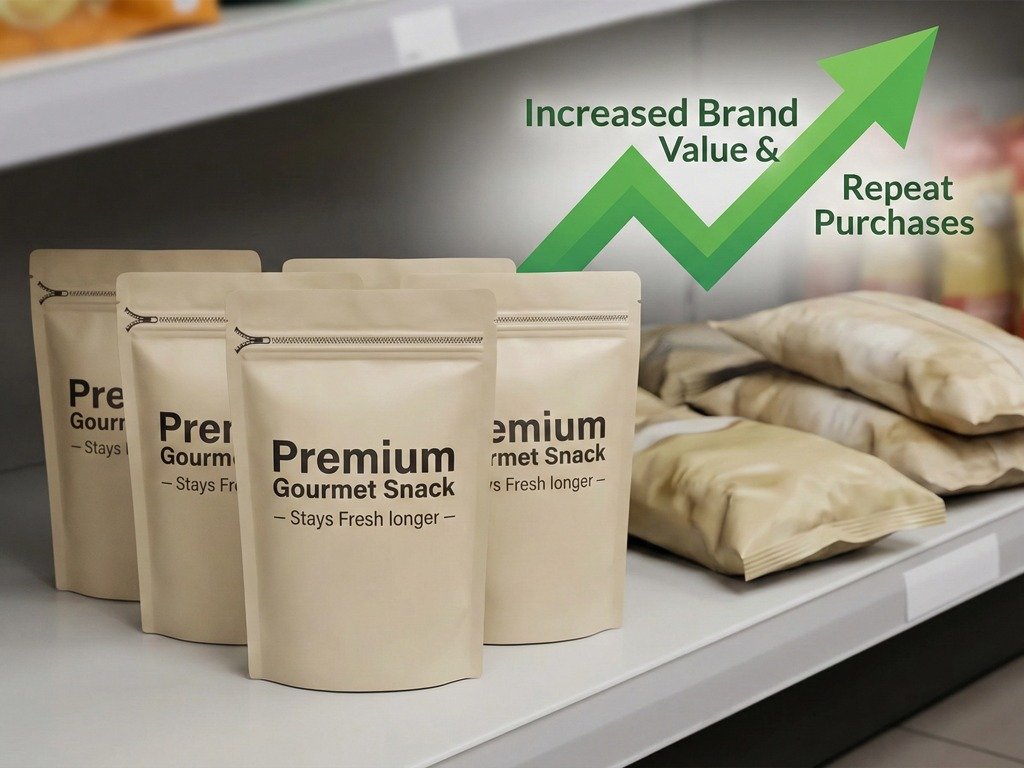 Premium branded resealable stand up pouches displayed prominently on a retail shelf with a 4:3 aspect ratio, illustrating increased perceived value, reduced returns, and long-term food storage packaging benefits compared to standard bags.