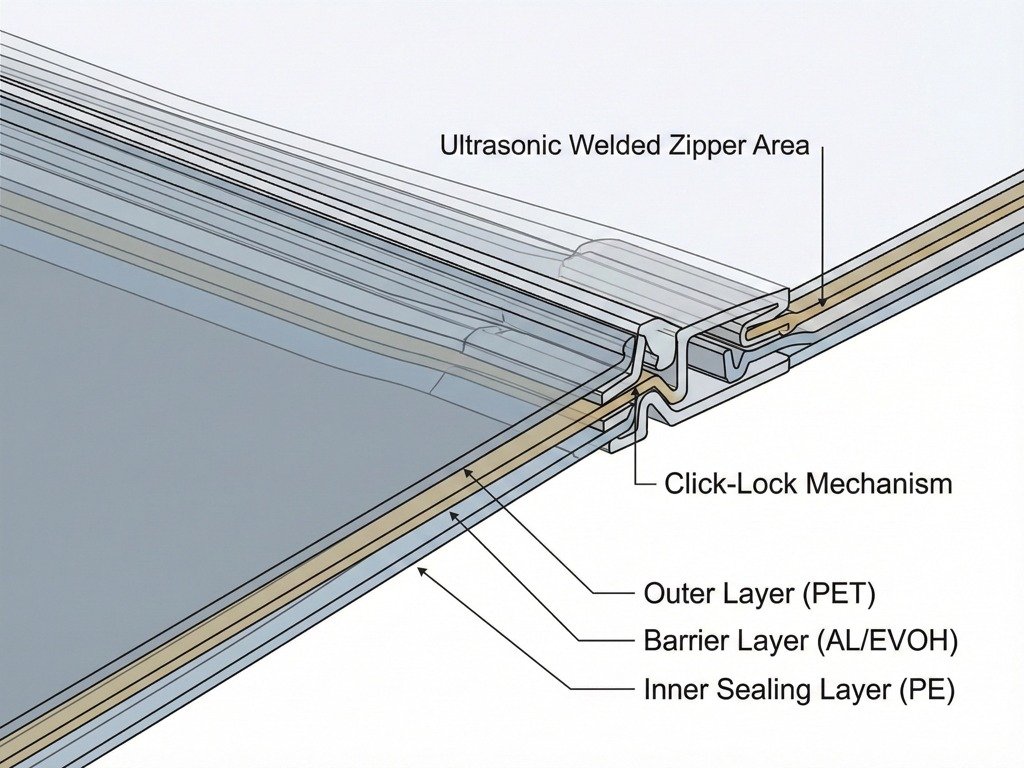Cross-section technical illustration with a 4:3 aspect ratio of a multi-layer custom mylar bag structure, highlighting the ultrasonic welded closure technology used in high-performance engineered resealable pouch bags.
