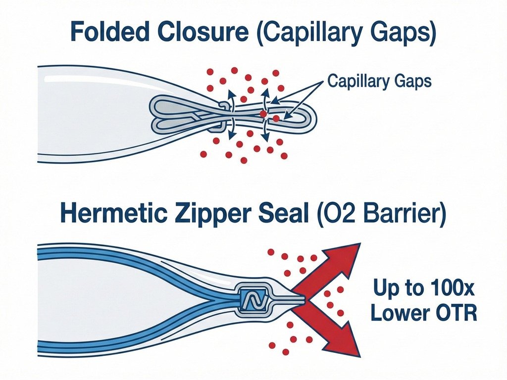 Technical schematic with a 4:3 aspect ratio illustrating how oxygen and moisture molecules penetrate folded bag closures via capillary gaps, contrasted with the superior barrier integrity of packaging with zipper functionality in food storage packaging.