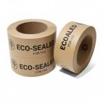 A roll of brown reinforced **water activated tape** showing the fiberglass threads, ready for carton sealing.