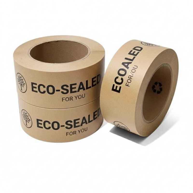 A roll of brown reinforced **water activated tape** showing the fiberglass threads, ready for carton sealing.