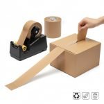 A roll of brown reinforced **water activated tape** showing the fiberglass threads, ready for carton sealing.