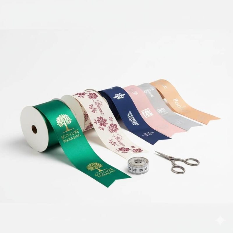 Rolls of **custom printed ribbon** in satin and grosgrain textures with gold foil logo stamping.