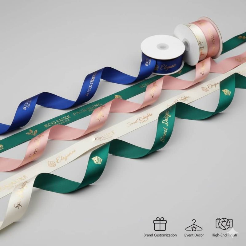 Rolls of **custom printed ribbon** in satin and grosgrain textures with gold foil logo stamping.