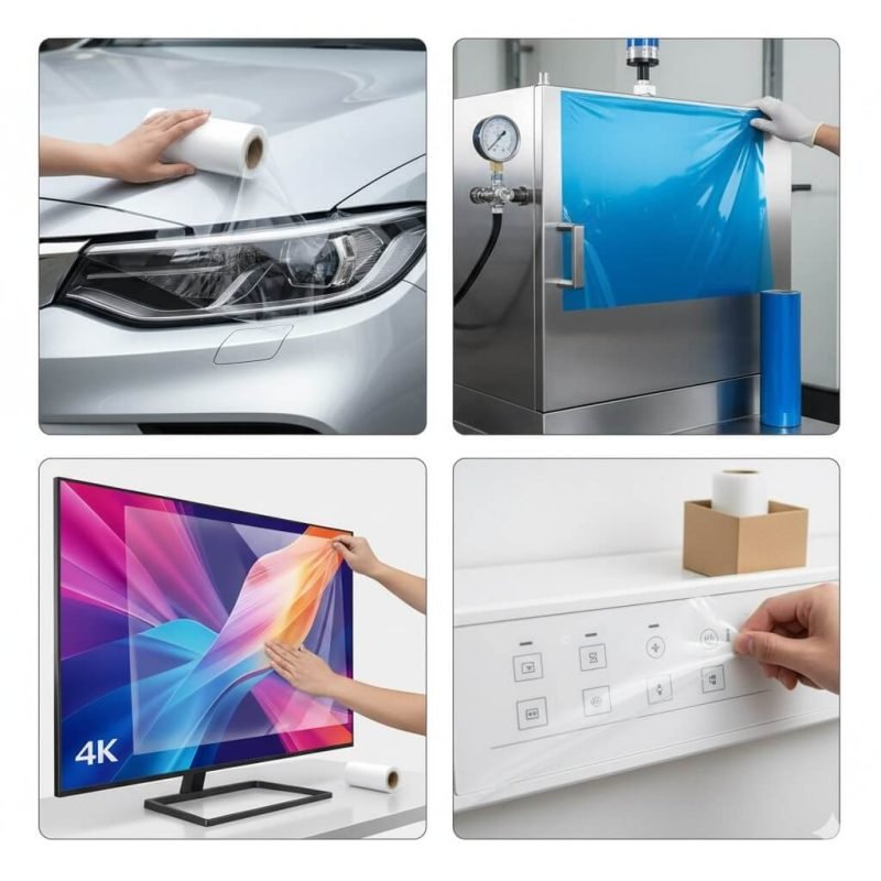 A roll of blue **pe protective film** being applied to a stainless steel sheet to prevent scratches.