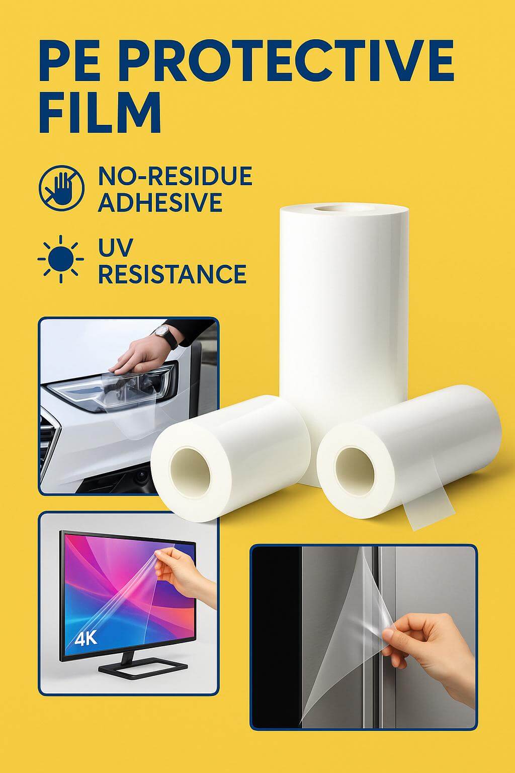 A roll of blue **pe protective film** being applied to a stainless steel sheet to prevent scratches.