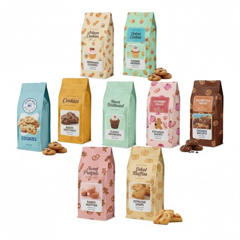 A custom **digital printed pouch** with vibrant coffee bean graphics, standing on a wooden surface.