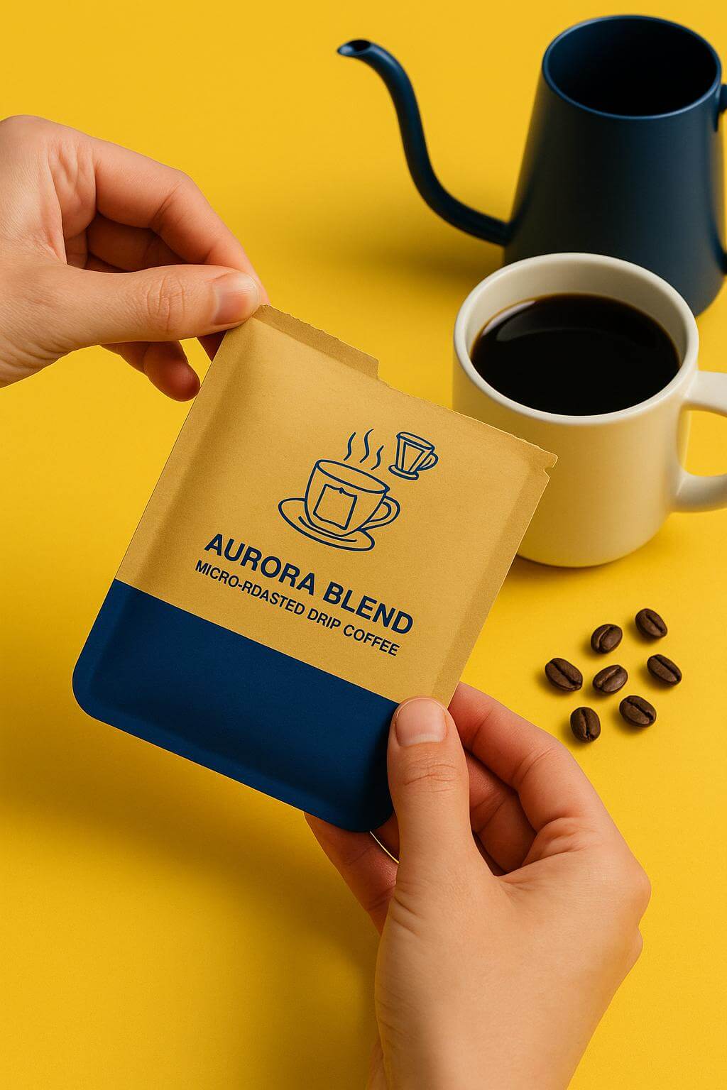 A custom printed kraft paper **drip coffee bag packaging** sachet next to a hanging ear filter.