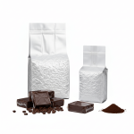 A silver aluminum foil **vacuum brick bag** filled with ground coffee, showcasing its compact side gusset shape.