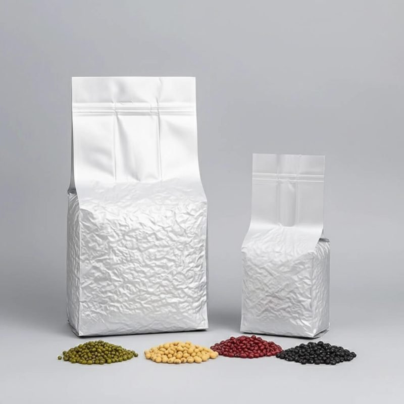 A silver aluminum foil **vacuum brick bag** filled with ground coffee, showcasing its compact side gusset shape.