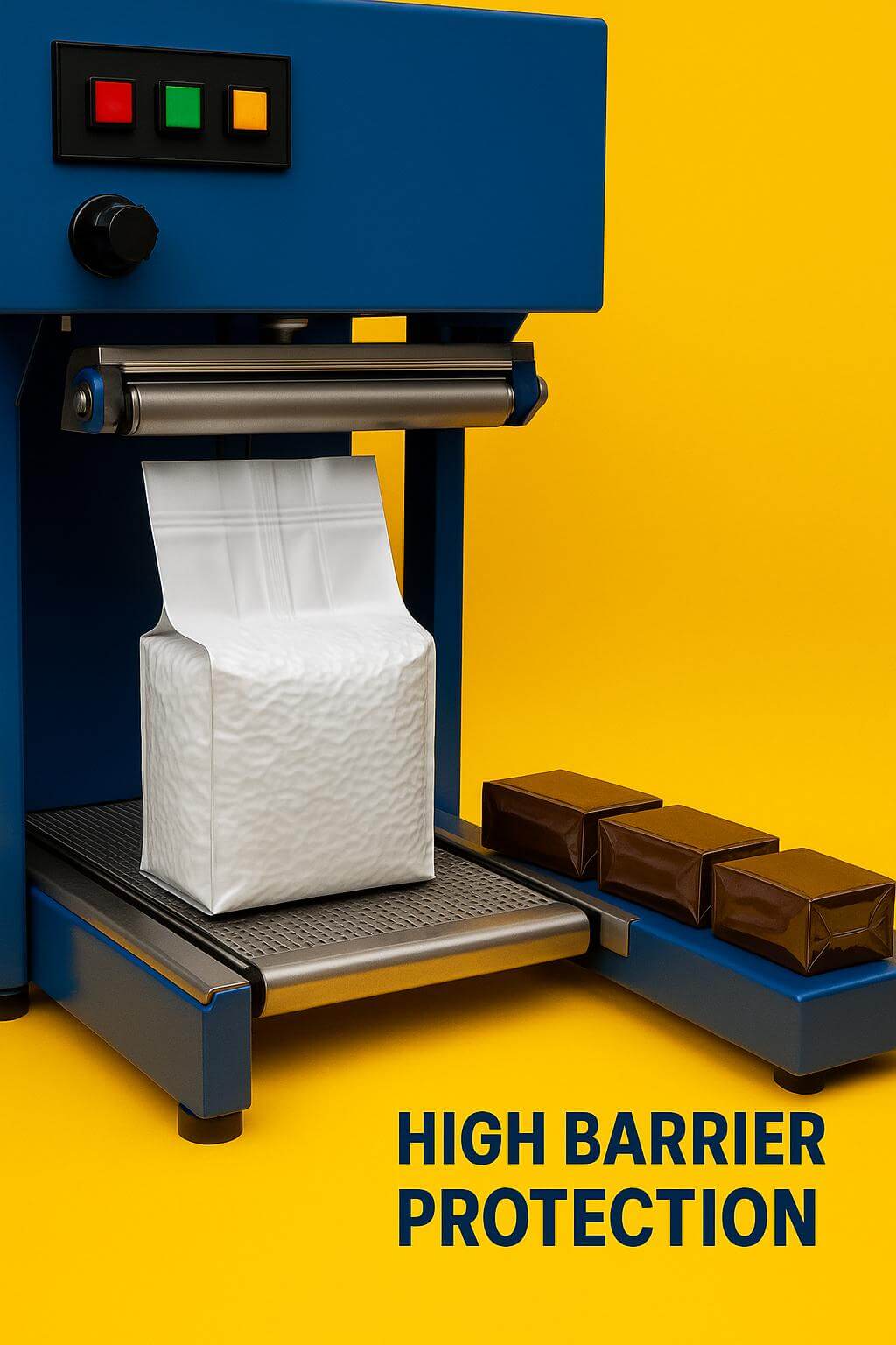 A silver aluminum foil **vacuum brick bag** filled with ground coffee, showcasing its compact side gusset shape.