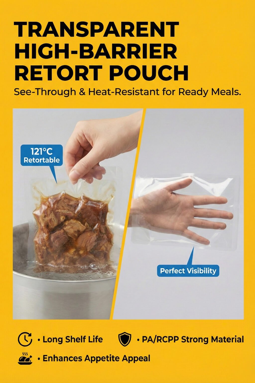 A transparent high temperature retort pouch with a whole roasted chicken visible inside.