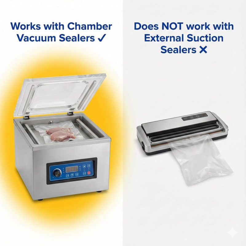 A thick transparent nylon vacuum bag containing a bone-in ham to demonstrate puncture resistance.