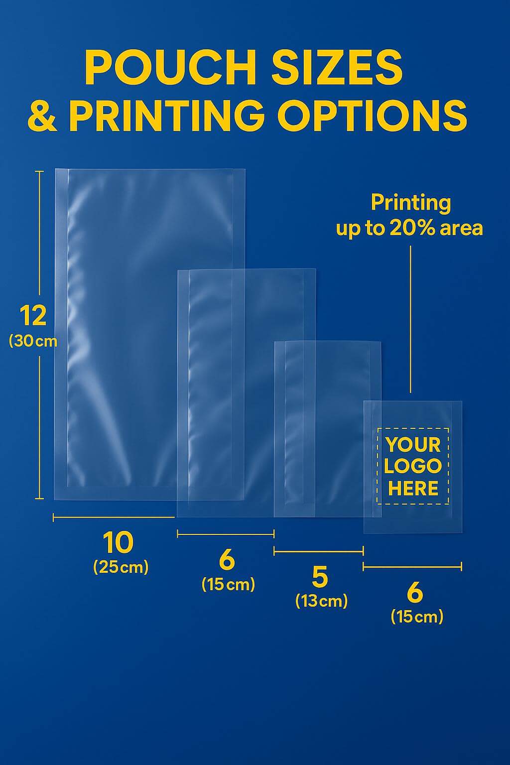 A selection of **custom printed vacuum bags** filled with smoked meats and cheese, showing vibrant logo branding.