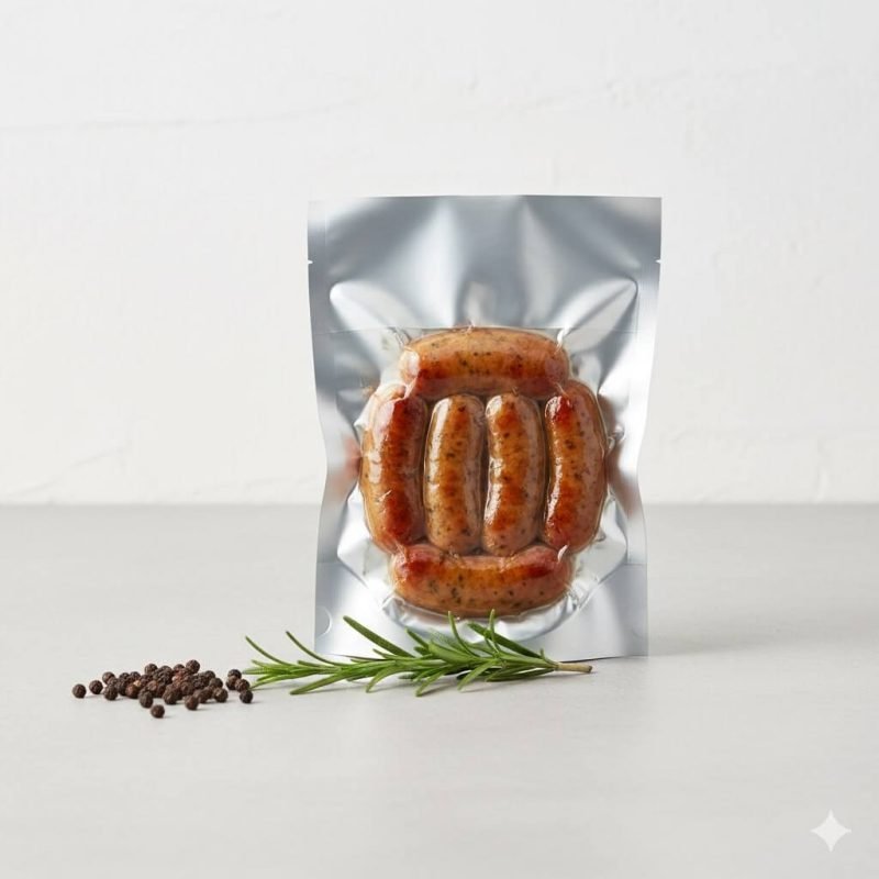 A silver aluminum foil **retort pouch** submerged in boiling water, demonstrating its boil-in-bag capability.