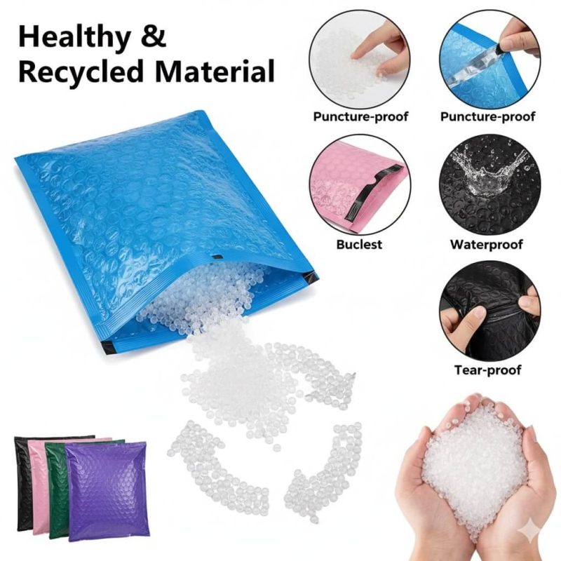 A bright pink **colored poly bubble mailer** with a custom logo, used for shipping cosmetics.