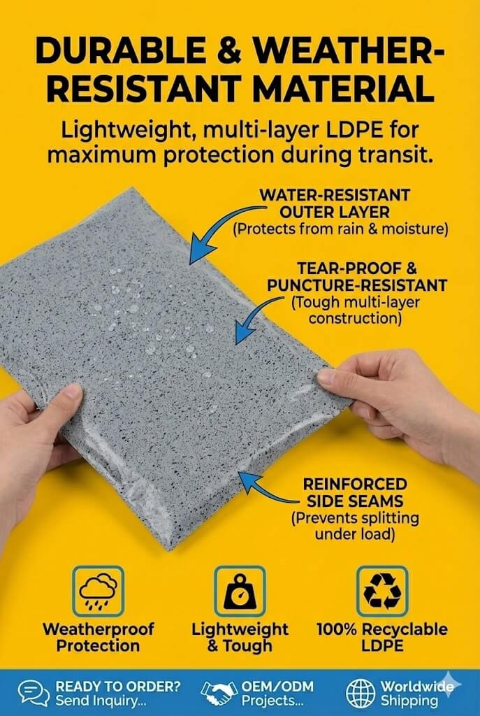 A custom logo printed returnable poly mailing bag showing the double adhesive strips and an easy-open tear line.