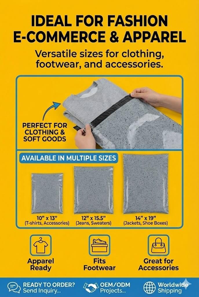 A custom logo printed returnable poly mailing bag showing the double adhesive strips and an easy-open tear line.