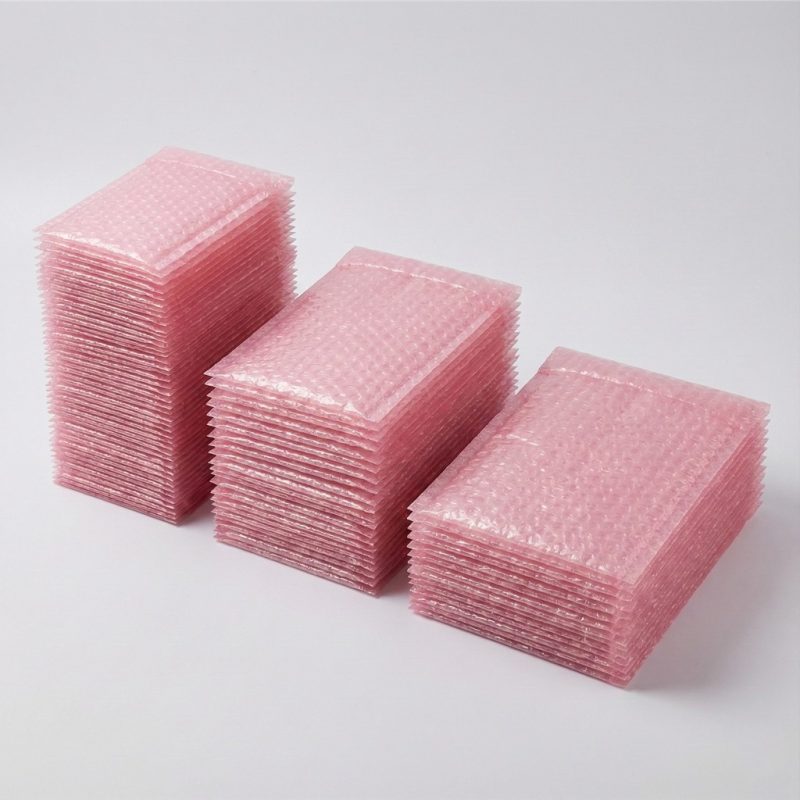 A pink anti-static bubble bag holding a green circuit board to show protection and clarity.